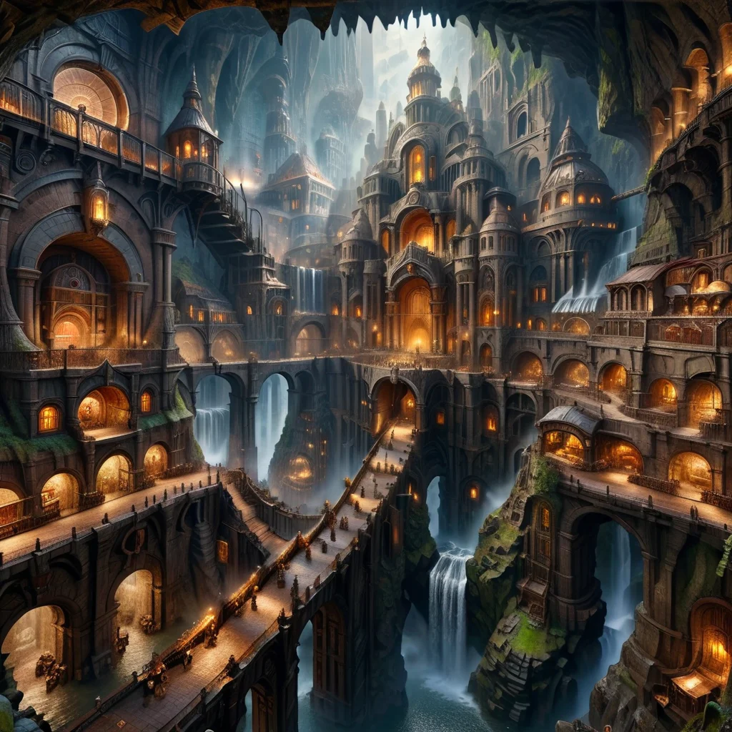 Masterpiece,8k,absurd resolution,I
ImaginaryCityScapes,underground city,water,no humans,building,scenery,stairs,city,fantasy,architecture,bridge,waterfall,arch,steampunk,monumental city
,<lora:City_scapes_XL:0.6>