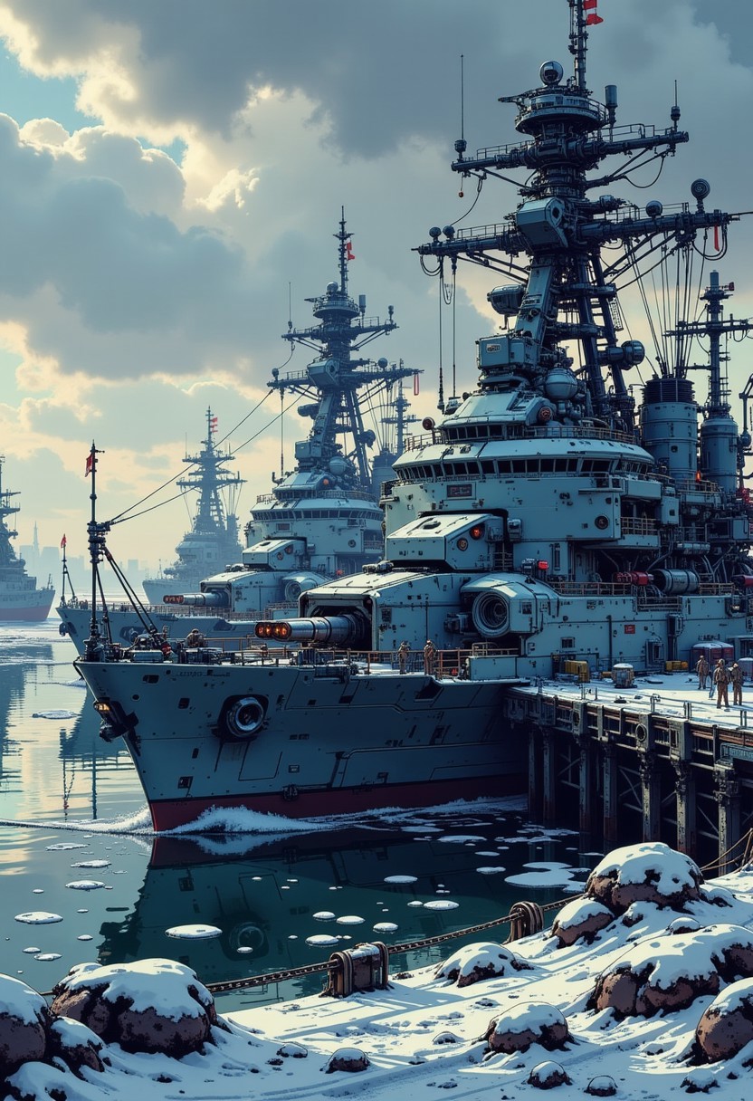 in the style of ck-mgs, A digital artwork in the style of cknc, a_skynet_cyberdyne_craft, the image is featuring two enormous plasma gun turrets overlooking a futuristic, highly advanced sci-fi naval base, with several military buildings.  Naval ships in winter camouflage of grey and white paint are moored against the dock, winter, snow on the ground, small ice floes, stormy sky, directional weak sunlight, dutch angle