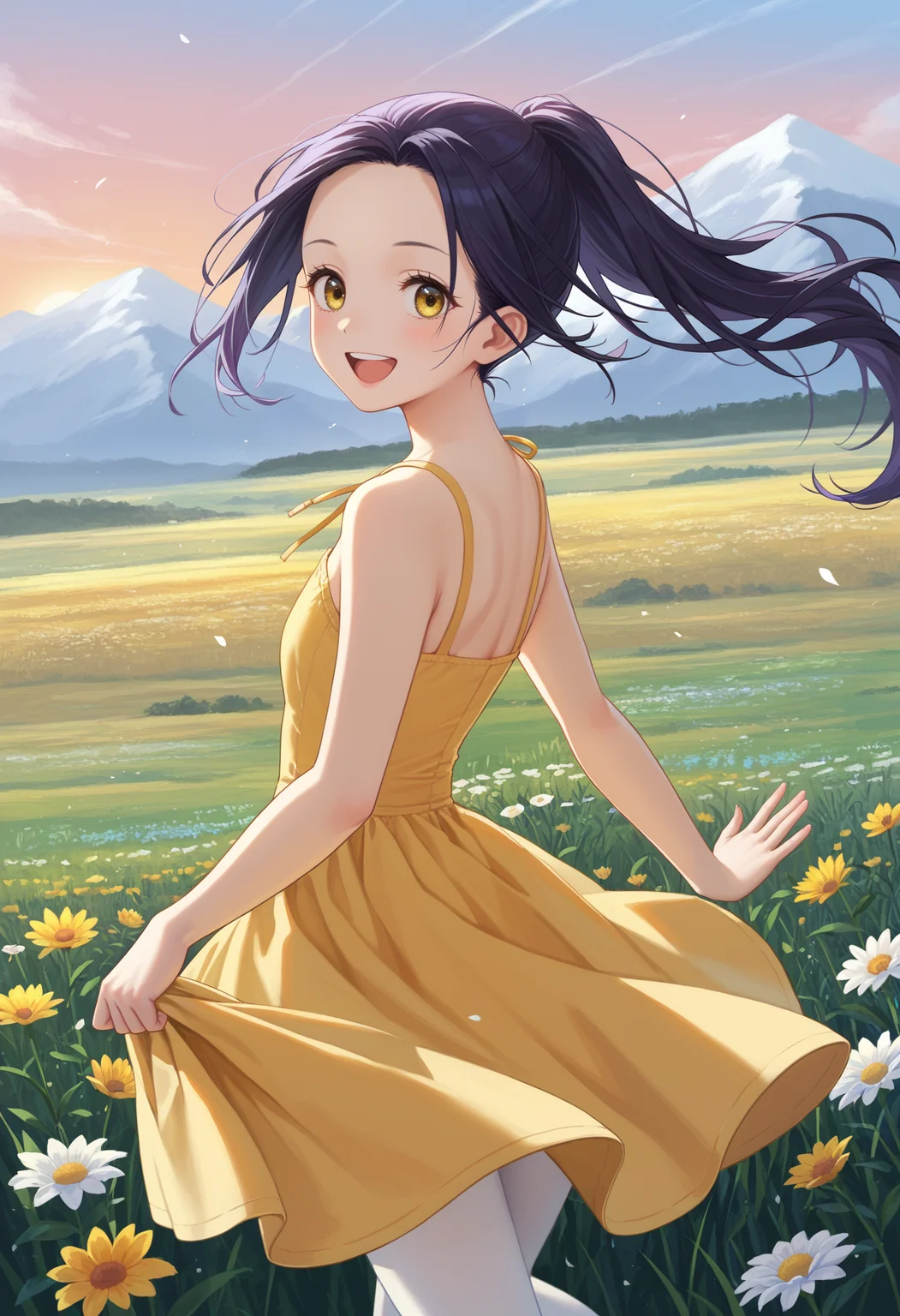 (score_9,score_8_up,score_7_up, ),masterpiece,best quality,from behind,dutch angle,looking at viewer,:d,yellow sundress,skirt hold,outdoors,field,mountain,flower,wind,sunrise,
Hikaru KAMISAKI,solo,white dress,yellow eyes,smile,ponytail,long hair,white pantyhose,purple hair,black hair,upper teeth only,open mouth,waving,<lora:Hikaru KAMISAKI_pony-000010:1>