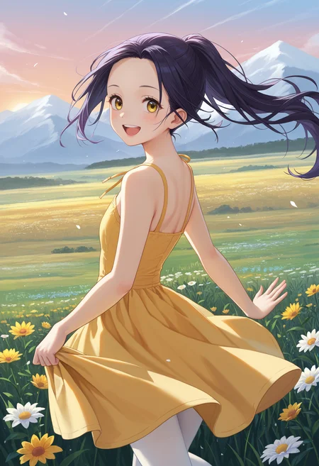 (score_9,score_8_up,score_7_up, ),masterpiece,best quality,from behind,dutch angle,looking at viewer,:d,yellow sundress,skirt hold,outdoors,field,mountain,flower,wind,sunrise,
Hikaru KAMISAKI,solo,white dress,yellow eyes,smile,ponytail,long hair,white pantyhose,purple hair,black hair,upper teeth only,open mouth,waving,<lora:Hikaru KAMISAKI_pony-000010:1>
