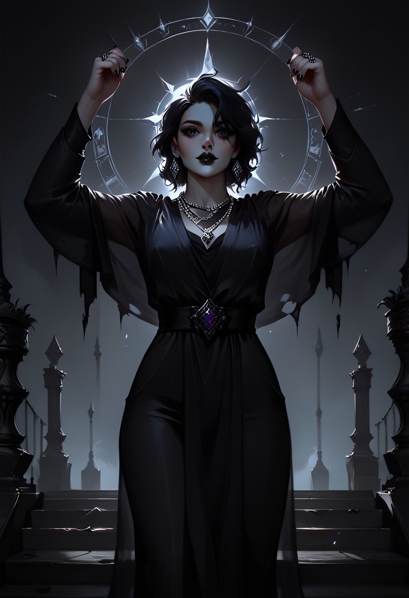 score_9, score_8_up, highly detailed, score_7_up, easynegative, concept art, realistic, dark theme, perfect quality, highly detailed, low light, face focus, anatomically perfect, handfixer
full body shot, gothic fantasy style, wide gothic grey marble staircase, outdoor scene,
1girl, 30 years old woman, tall regal figure, slender body, angelic beauty, pale skin, barefoot, slightly torn elegant long black robes, holes in robe, dark black messy hair, waist length hair, sharp nose, diamond nose stud, dark eyes, almond shaped eyes, black nail polish, standing at top of the staircase, black lipstick, soft smile, silver ring with ruby stone, silver diamond earrings, silver necklace with ruby medallion, looking up, raising arms above hand, holding a large glowing purple rune with both hands above head, Glowing Runes, Glowing Rune Circle