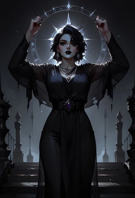 score_9, score_8_up, highly detailed, score_7_up, easynegative, concept art, realistic, dark theme, perfect quality, highly detailed, low light, face focus, anatomically perfect, handfixer
full body shot, gothic fantasy style, wide gothic grey marble staircase, outdoor scene,
1girl, 30 years old woman, tall regal figure, slender body, angelic beauty, pale skin, barefoot, slightly torn elegant long black robes, holes in robe, dark black messy hair, waist length hair, sharp nose, diamond nose stud, dark eyes, almond shaped eyes, black nail polish, standing at top of the staircase, black lipstick, soft smile, silver ring with ruby stone, silver diamond earrings, silver necklace with ruby medallion, looking up, raising arms above hand, holding a large glowing purple rune with both hands above head, Glowing Runes, Glowing Rune Circle