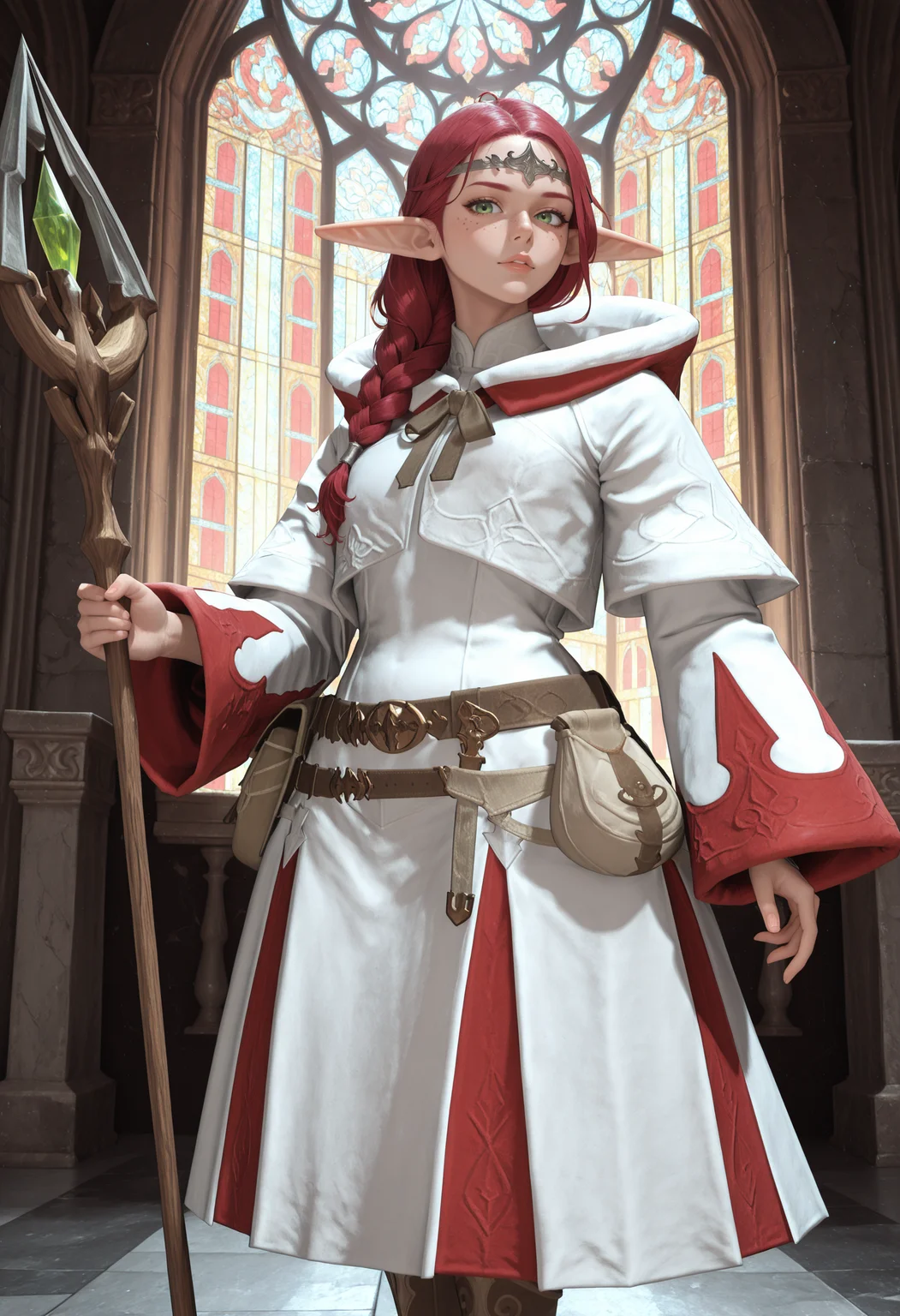 , best quality, absurdres, highres, newest, <lora:cfg_scale_boost:.7>, 1girl, solo , church, stained glass, <lora:WhiteMage_IL:1> whmaf, white robe, brown belt, belt pouch, brown boots, silver circlet, hood, hood down, holding staff, dynamic pose, casting spell, looking at viewer, freckles, red hair, green eyes, single braid, hair over shoulder, cowboy shot, elf,