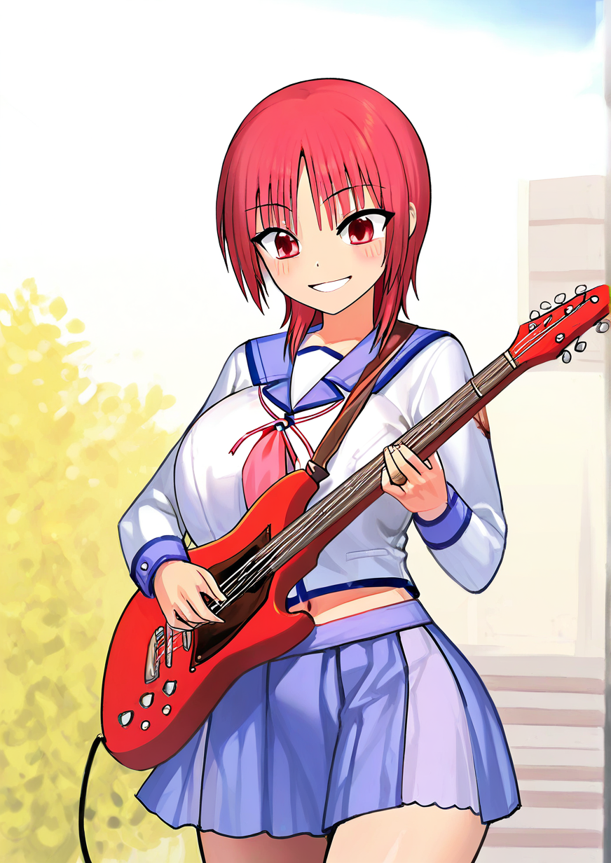 <lora:jochal:1.2>,1girl, iwasawa masami, detailed background, huge breasts, wide hips, angel beats!, blue sailor collar, blue skirt, blush, guitar, instrument, long sleeves, miniskirt, music, navel, playing instrument, pleated skirt, red eyes, red hair, sailor collar, school uniform, serafuku, shinda sekai sensen uniform, shirt, short hair, skirt, smile, solo, uniform, white shirt, 
very awa, masterpiece, best quality, highres, absurdes,amazing quality,year 2024,newest