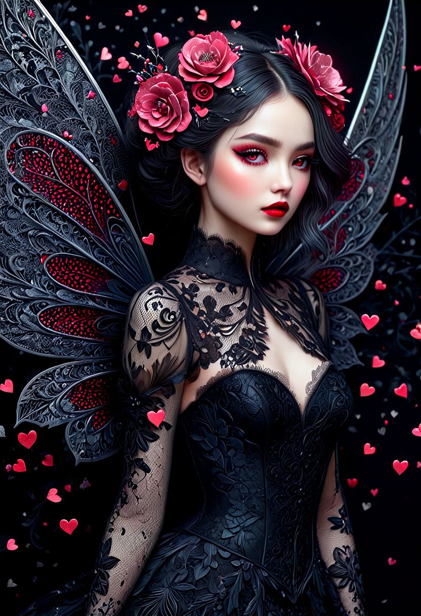 beautiful hyper detailed whimsical 35 k ultra realistic hyper detailed beautiful dark fairy, hyper detailed perfecteyes, shadow woman red lips graphic, dark intricate wings on back, black lace dress, black boots, in the style of Charlie Bowater, nicoletta ceccoli , dark  Whimsical, Detailed Fantasy, black lace Background pattern with tiny  3d red and pink hearts, Glitter, White Thorns, Muted Colors, Explosion, Intricate Extremely Detailed, Hyperdetailed, style of monica lee, Hgonzag, Camilla d'Errico Diego Gisbert,Winter wonder land art art, Masterpiece, trending on artstation, featured on pixiv, cinematic composition, 8K