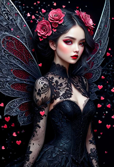 beautiful hyper detailed whimsical 35 k ultra realistic hyper detailed beautiful dark fairy, hyper detailed perfecteyes, shadow woman red lips graphic, dark intricate wings on back, black lace dress, black boots, in the style of Charlie Bowater, nicoletta ceccoli , dark Whimsical, Detailed Fantasy, black lace Background pattern with tiny 3d red and pink hearts, Glitter, White Thorns, Muted Colors, Explosion, Intricate Extremely Detailed, Hyperdetailed, style of monica lee, Hgonzag, Camilla d'Errico Diego Gisbert,Winter wonder land art art, Masterpiece, trending on artstation, featured on pixiv, cinematic composition, 8K
