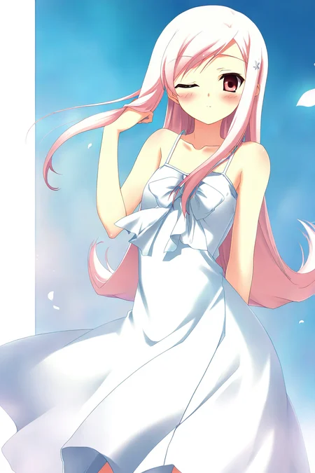<lora:LucyMariaMisora:0.8>, Ruuko, 1girl, solo, dress, white dress, one eye closed, looking at viewer, bare shoulders, blush, sleeveless, closed mouth, bow, sleeveless dress, bare arms, collarbone