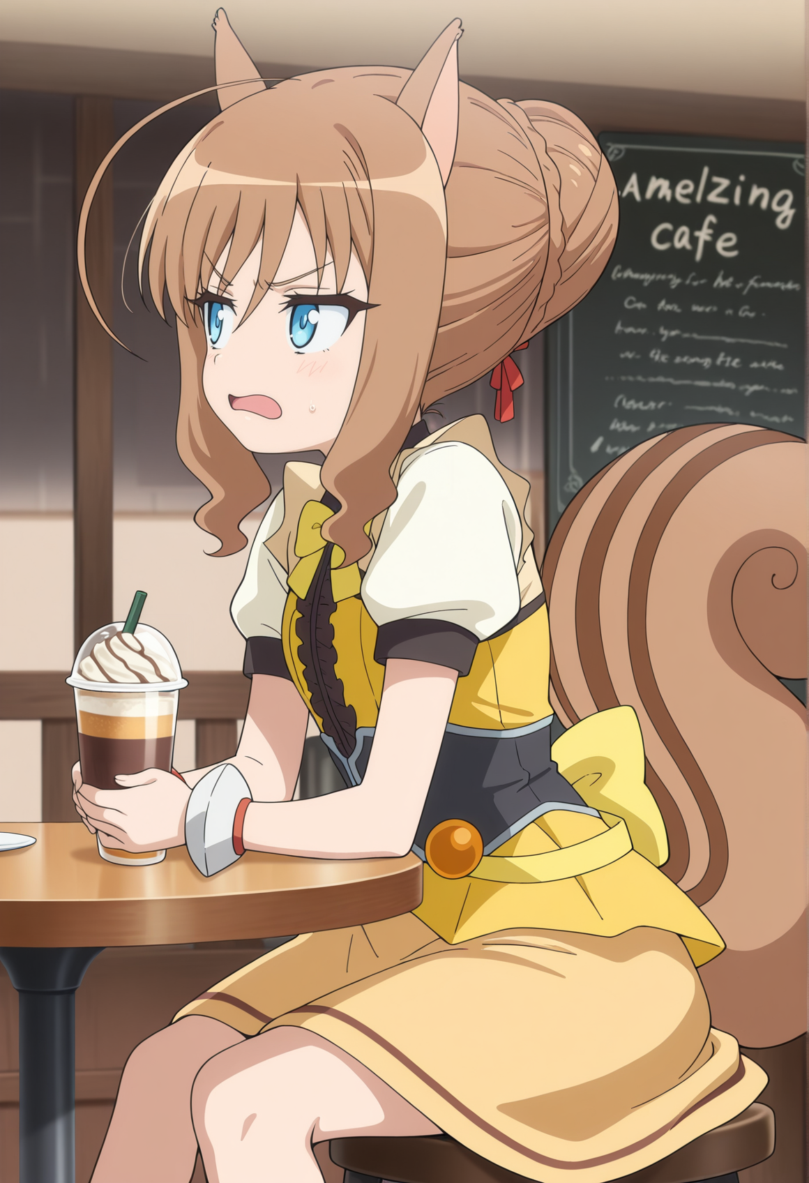 1girl, brown hair, blue eyes, squirrel ears, squirrel tail, single hair bun, ribbon, yellow dress, bracelet, sitting, holding drink, table, cafe, looking to the side, annoyed, open mouth <lora:Cou_DD:1>, masterpiece, best quality, amazing quality, very aesthetic, absurdres, highres, newest