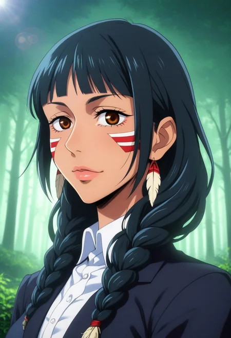 score_9, score_8_up, score_7_up, source_anime, intricate details, anime screencap, perfect balance, official art, extremely detailed CG unity 8k wallpaper, perfect lighting, Colorful, Warm_Front_face_Lighting, (masterpiece:1.0),(best_quality:1.0), ultra high res,4K,ultra-detailed, photography, 8K, HDR, highres, absurdres:1.2, Kodak portra 400, blurry background, bokeh, lens flare, (Anime) (vibrant_color:1.2), professional photograph, night, (cute_face:1.2), 2d, anime, upper body, intricate iris, American, Professional character design, 1girl, female focus, (Brown eyes), perfect eyes, (black-hair), Native American, Indigenous, American Indian, youthful, solo, jujutsu_kaisen_style, character portrait, (perfect-lighting), face, young, (Dark-black-hair), Long hair, (Native American), Indigenous, American Indian, (((wild eyes))), (Native North American), (Upturned eyes), (high cheekbones), (strong jawline), (Black Hair), ((((Native-American-Eagle-feather-braids, Native American Eagle feather accessories)))), (Black Cowboy Jacket), (((wild eyes))) ((Bobbed Bangs)) (((Slanted-Eyes))) (Psycho) (Happy) (Friendly) (Goofy) (Dark Black Jacket) (White Dress Shirt), (Warpaint), (Redwood Forest, Pacific Northwest Forests), (Inuit), (Tan skin), (Dark Skin), (Brown skin), (bobbed hair), White Eagle-Feather-Earrings, Thick Bangs, Bobbed hair, Bob-cut, White-Feather-Earrings, Brown-skin, Inuit Face-paint, Full-Bangs, Wide-Bangs, Thick-Hair, Native Face-paint
