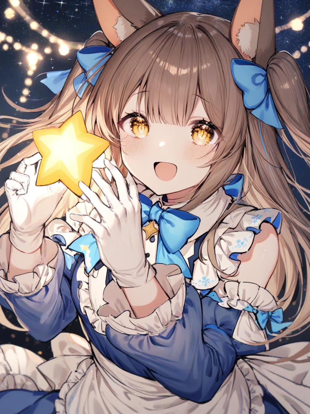 1girl,animal ears,animal ear fluff,very long hair,brown hair,blue bow,hair bow,two side up,brown eyes,yellow eyes,blush,open mouth,smile,:d,blue bowtie,white shirt,apron,frills,puffy short sleeves,blue dress,sleeveless,detached sleeves,frilled sleeves,white gloves,
holding star,star,head down,hands up,
night sky,night,star \(sky\),starry sky,glowing,
<lora:Noyu_2:1>,