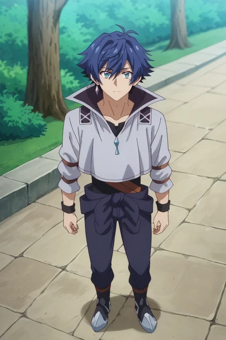 score_9, score_8_up, score_7_up,source_anime,BREAK, rating_safe, intricate details , , , anime screencap, anime coloring, official style, depth of field,1boy, solo, male focus , , , <lora:allen:0.95>, allen westfelt,blue hair,spiky hair,short hair,mole,jewelry,looking at viewer,long sleeves,closed mouth,collarbone,jump suit,cropped shirt,white shirt,short sleeve,full body,boots,wristband, expressionless,straight-on, village,outdoors,day,tree,from above , , ,<lora:sdxl_lightning_8step_lora_315544:1>