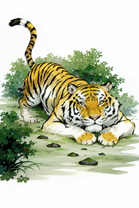1man,tiger,hill,tree,ultra high res, detailed shadow, best quality,(front lighting), <lora:shuicai_v1:0.7>