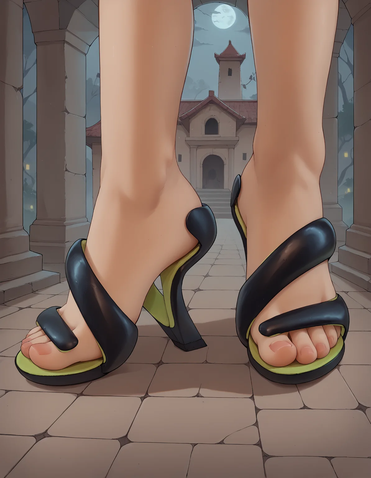 score_9, score_8_up, score_7_up, score_6_up, source_anime,
lower body, foot focus,
1girl,
standing, (from side:0.8), feet apart,
m0jito heels,
temple, ruins, fog, night, dark, spotlight,
embedding:zPDXLrl ,
embedding:zPDXL2 ,