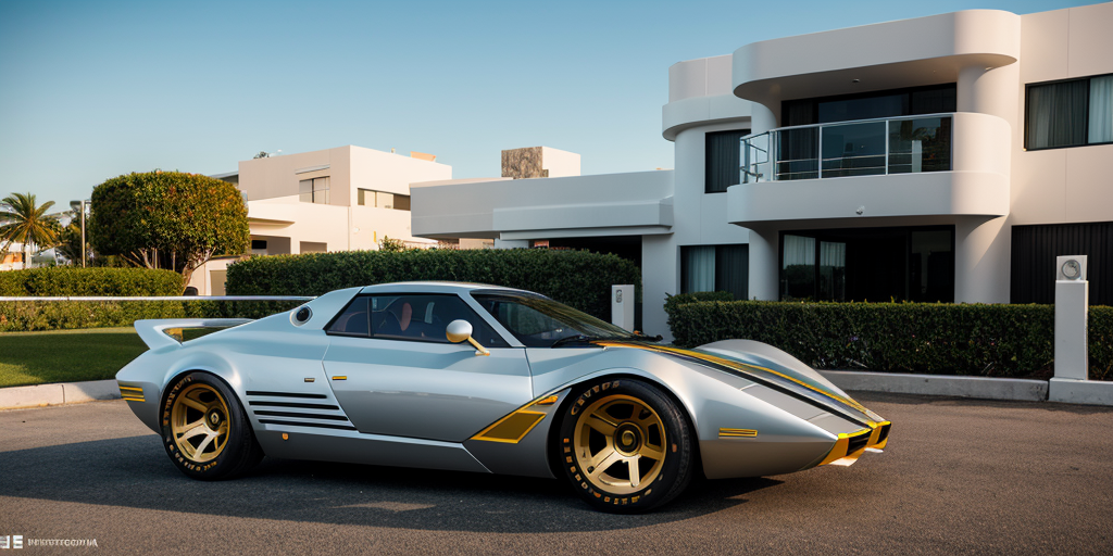 Bertone wedge style , concept art, a futuristic chrome and steel 6 wheeled car , pop up headlights and concave rims, white and gold stripes retrofuturism, 1970s , miami sunset, in front of an art deco house , neon, background is aqua ,photorealistic , leica summilux , fuji velvia