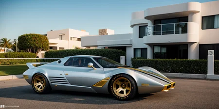 Bertone wedge style , concept art, a futuristic chrome and steel 6 wheeled car , pop up headlights and concave rims, white and gold stripes retrofuturism, 1970s , miami sunset, in front of an art deco house , neon, background is aqua ,photorealistic , leica summilux , fuji velvia