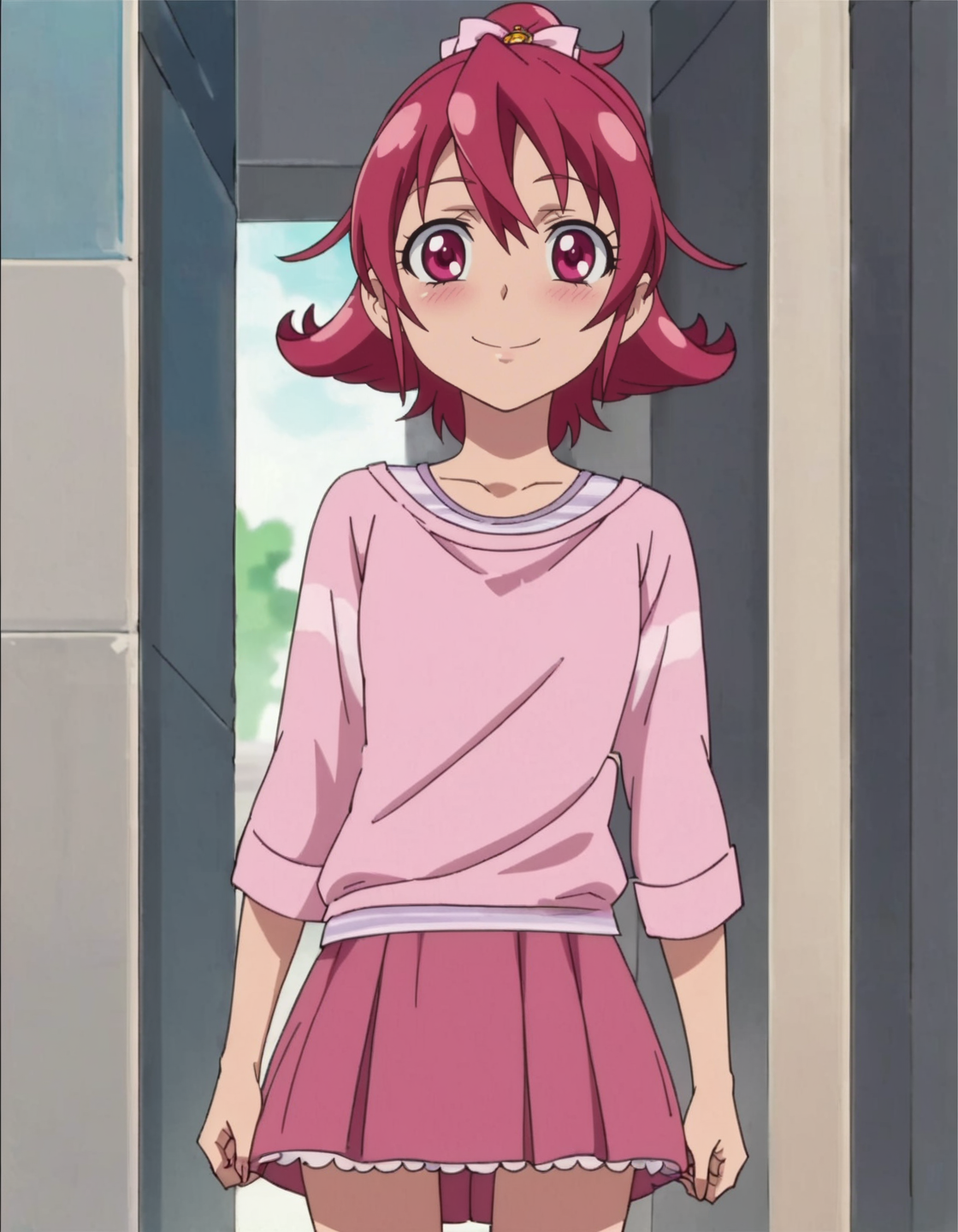 score_9, score_8_up, score_7_up, anime screencap, solo, 1girl, aidamana, shirt, smile, pink shirt, skirt,  pink bow,looking at viewer,cowboy shot,small breasts,blush<lora:aidamana:0.8>