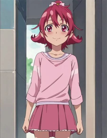 score_9, score_8_up, score_7_up, anime screencap, solo, 1girl, aidamana, shirt, smile, pink shirt, skirt, pink bow,looking at viewer,cowboy shot,small breasts,blush<lora:aidamana:0.8>