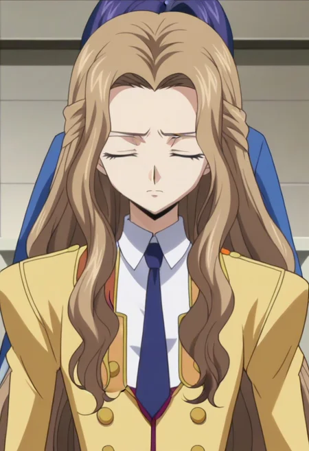 anime screencap, masterpiece, best quality, Code Geass anime art style, <lora:Nunnally_Lamperouge:1>Nunnally Lamperouge, 1girl, ashford academy school uniform, long hair, necktie, school uniform, closed eyes,