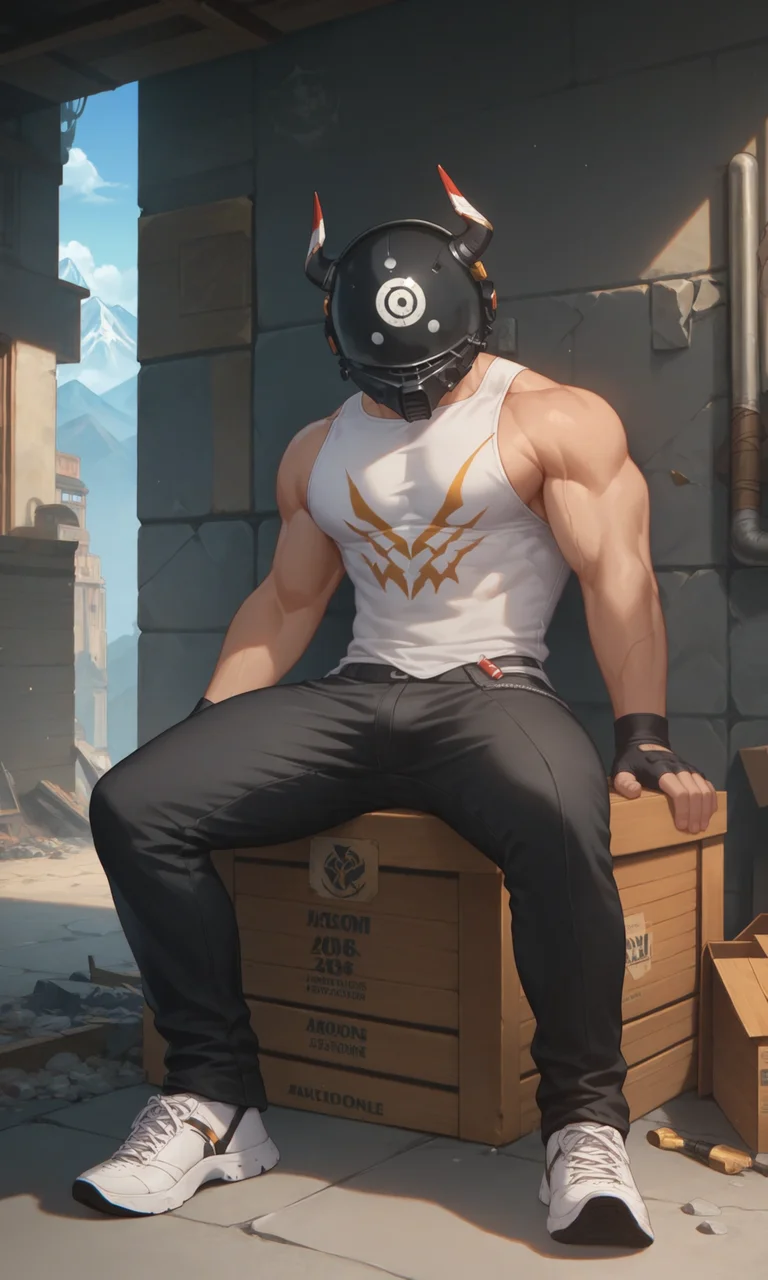 score_9, score_8_up, score_7_up, masterpiece, best quality, lots of details, ((1boy)), male focus, MountainLions, black helmet, muscular, black pants, fingerless gloves, sneakers, white sleeveless shirt, sitting, wood box, looking at viewer, shaded, detailed shading, detailed skin, shaded skin, realistic shading, Expressiveh, countershading:1.1, concrete wall, indoors, <lora:add-detail-xl:0.7>, <lora:Smooth Anime 2 Style SDXL_LoRA_Pony Diffusion V6 XL:0.8>, <lora:Expressive_H:0.8>, <lora:MountainLions_XL_V10_OPT:0.8>