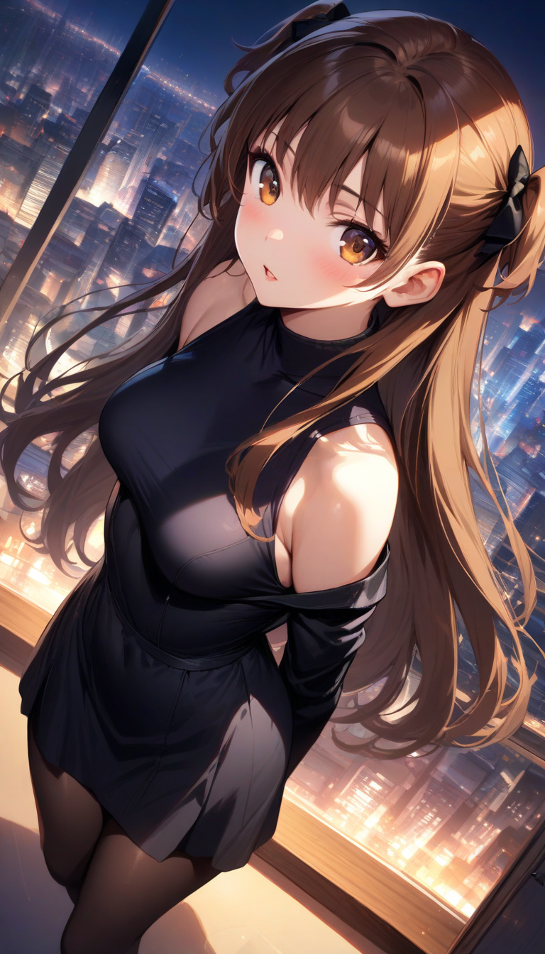 (masterpiece),(best quality),(ultra-detailed),(best illustration),(best shadow),(absurdres),(detailed background),(very aesthetic), rina_ogata, 1girl, breasts, dress, brown eyes, brown hair, two side up, solo, black dress, long hair, armpits, pantyhose, jacket, hands behind back, full body, night city background, looking at viewer<lora:XL-RinaOgata:1>