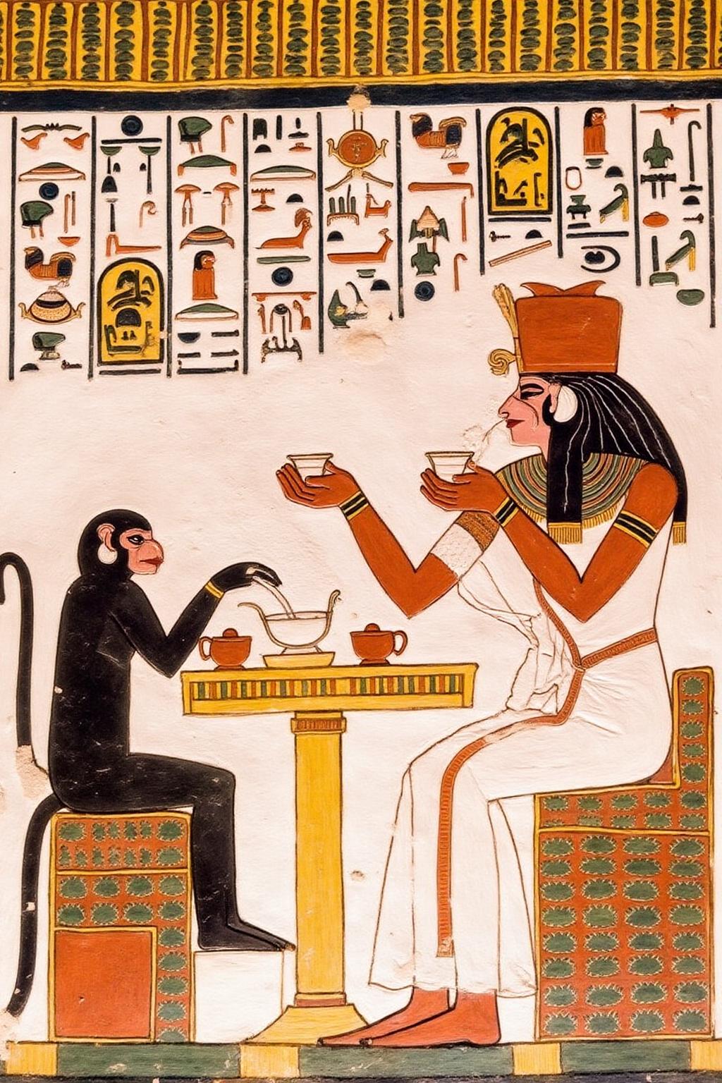 egyptian painting
egyptian painting a small monkey and a man wearing a bowler hat, sitting at a table drinking tea <lora:egypt1_cap_d6a3:1.0><lora:829971648204641993:0>