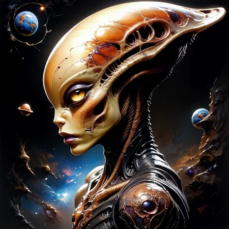 Score_9, score_8_up, score_7_up, score_6_up, BREAK <lora:Ethereal_Gothic_RenaissancePony:1> ArsMJStyle, Etherial Gothic, The image shows a painting of an alien with a face in the foreground set against a dark background., solo, space, profile, yellow eyes, traditional media, portrait, from side, alien, planet, star (sky)