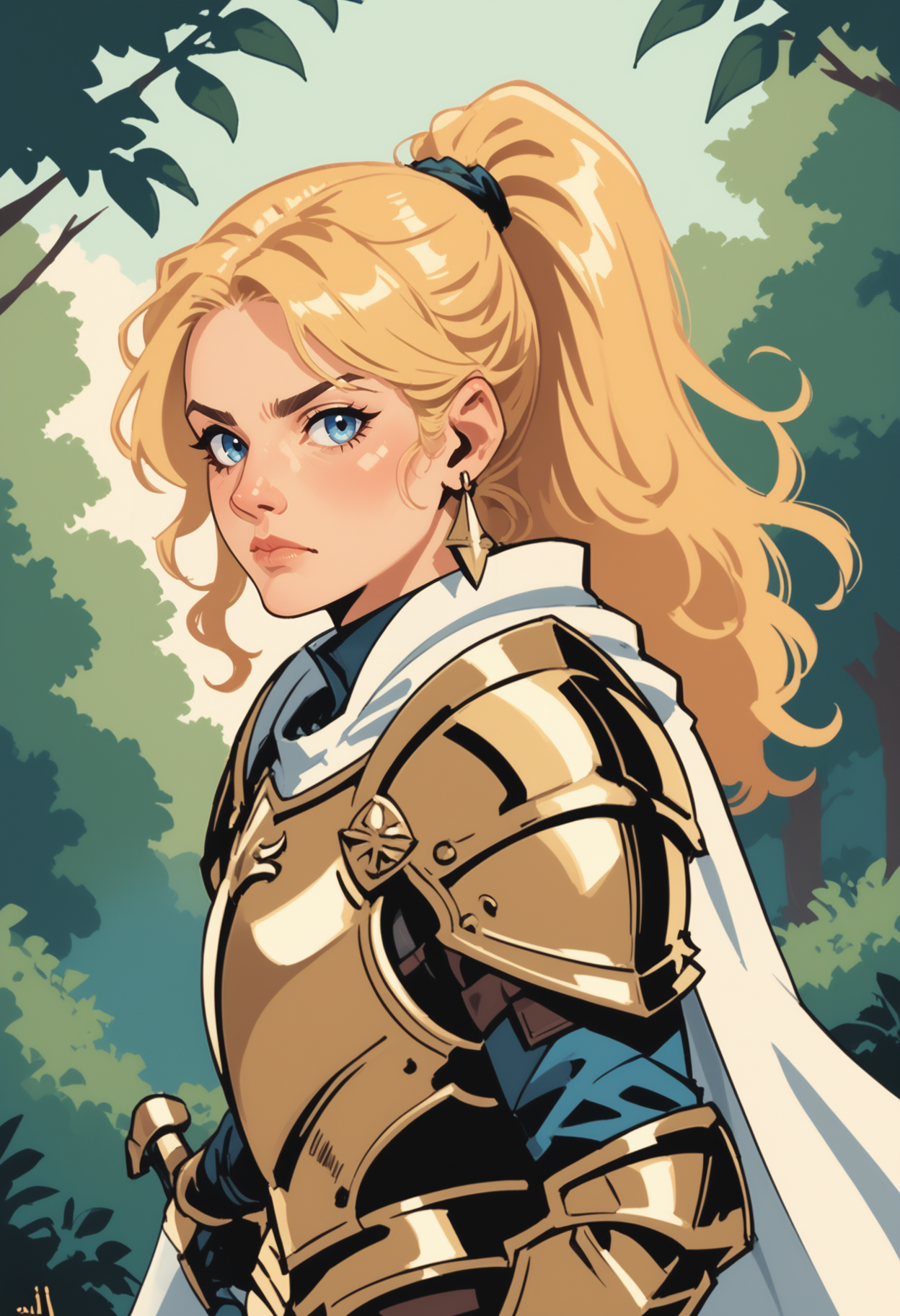 1girl, weapon, armor, sword, blue eyes, holding weapon, solo, blonde hair, holding sword, looking at viewer, cape, holding, forest, long hair, white cape, nature, shoulder armor, ponytail, gold armor, gloves, breastplate, outdoors, nose, pauldrons, tree, from side, blurry background, closed mouth, blurry, knight, bush, plate armor, wavy hair, vambraces, black gloves, gauntlets, upper body, standing, faulds, two-handed, earring  <lora:vmix2-p:1> vmix