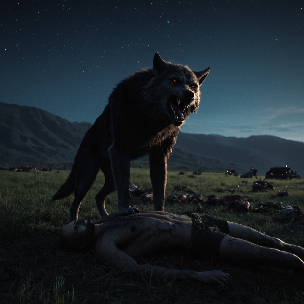 cinematic film still of  <lora:LoDe+Ro style:1>
a werewolf standing over a dead animal in a field,weapon,outdoors,lying,multiple boys,sky,2boys,blood,night,star (sky),night sky,starry sky,mountain,dark,death,corpse,LoDe+Robots Style,Love Death + Robots style,Love,Death & Robots style,animated,horror,dark,black,apocalyptic,dystopian,domination,dark,nigh , dramatic light, cyberpunk, LoDe+Ro style, shallow depth of field, vignette, highly detailed, high budget, bokeh, cinemascope, moody, epic, gorgeous, film grain, grainy