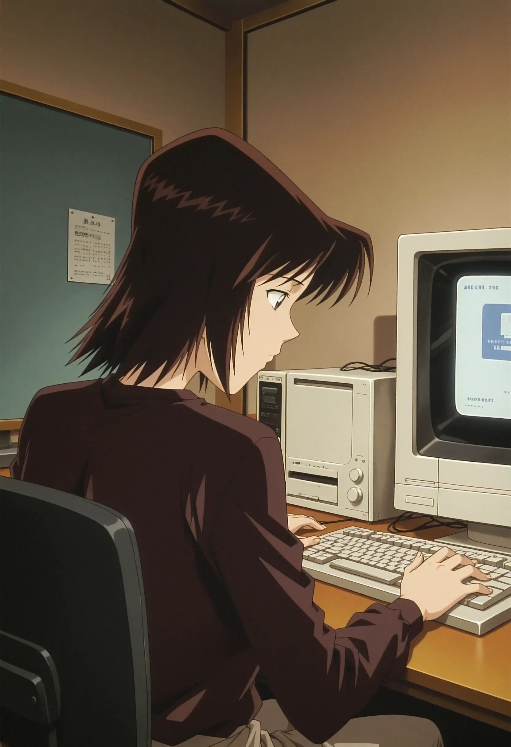 1girl,solo,masterpiece,best quality,1990s \(style\),anime screenshot,retro artstyle, 
<lora:shimamura_sachiko_conan_v1_IL:0.9>,shimamura sachiko,mature female,parted bangs,black hair,brown hair,medium hair,long sleeves,dark purple shirt,
<lora:dmd2_sdxl_4step:1>,indoors,home,closed mouth,sitting, desk,on chair, monitor, computer keyboard, from behind, looking at object, profile, crt