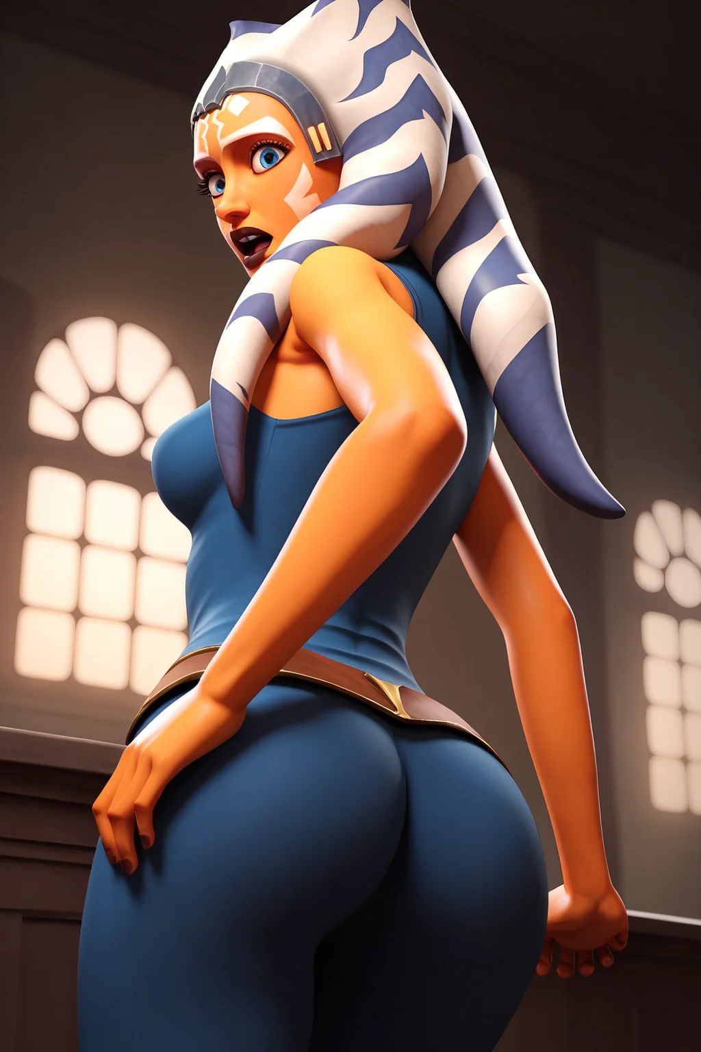 score_9, score_8_up, score_7_up, score_6_up, score_5_up, score_4_up, AhsokaTanoXL, blue eyes, tentacle hair, orange skin, colored skin, facial mark, medium breasts, blue dress, skirt, blue pants, bare shoulders, guantlets, hip armor, skirt,blue pants, brown boots, solo, standing, from behind, focus ass, big ass, surprised, looking at viewer, indoors <lora:AhsokaTanoXL:0.7>