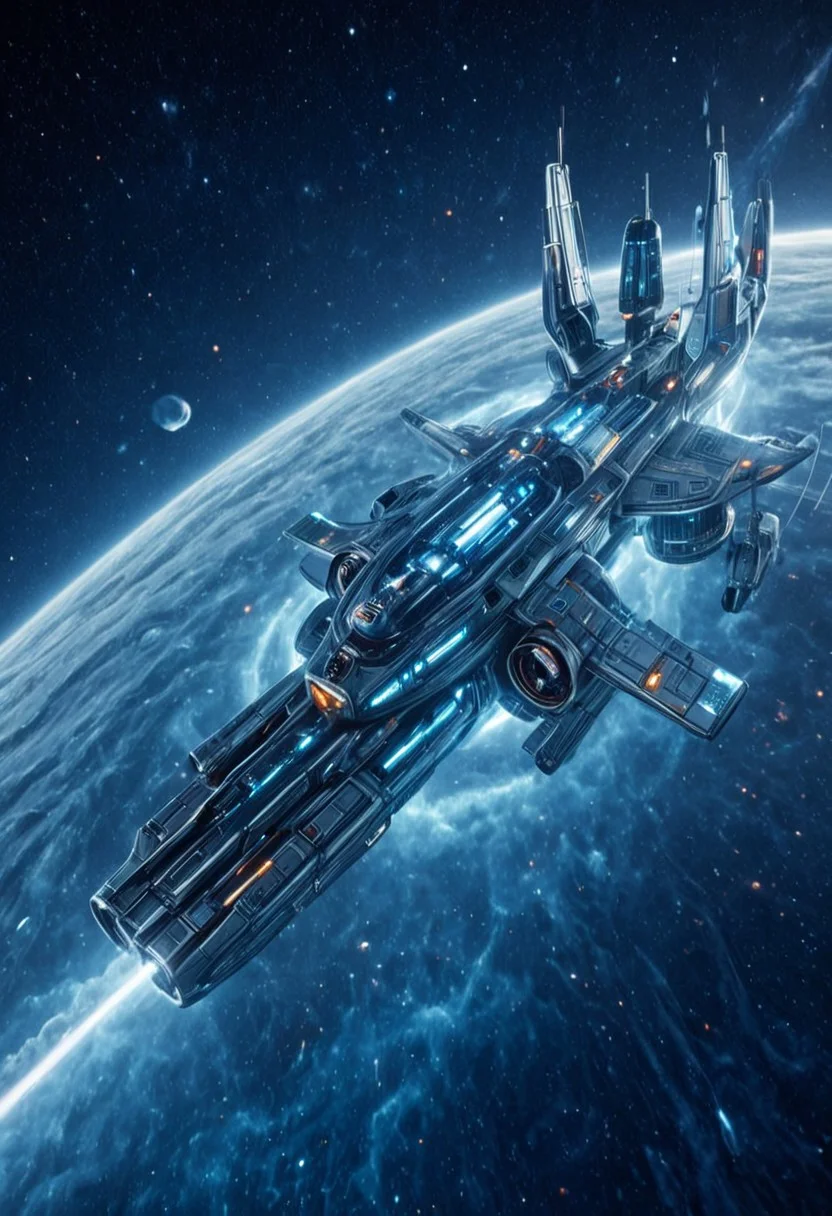 Colorful, stylized, CosmicStyle, mid-range orbital shot, sleek chrome spacecraft, corporate-controlled patrol vessels, retrofuturist designs, Cold War-era lines blended with alien engineering, rotating gravity rings, dynamic thruster arrays, flaring blue exhaust trails, soft-glow lighting under sensor domes, neon-coded serial markings, symmetry, drifting past swirling nebula, interstellar corporate security, industrial sci-fi aesthetics, clean paneling with minimal distress, silent formation flight, strategic surveillance positions, dusk-light horizon shimmer