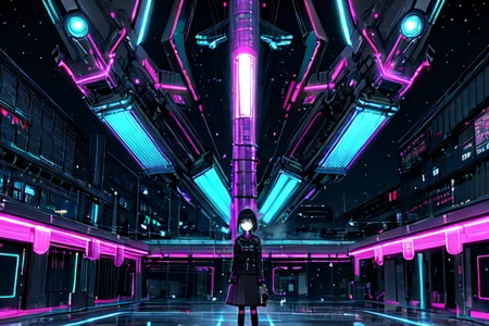 highly insanely detailed, masterpiece, top quality, best quality, highres, 4k, 8k, RAW photo, (very aesthetic, beautiful and aesthetic),  
tsutomu nihei,nihei_tsutomu,blame!,blame gakuen!,abara,TNstyle,sidonia_no_kishi,star \(sky\),starry sky,drainpipe,light particles,machinery,bones,dark sky,black sky,wire,buildings,gauna,gauna mech,air conditioner,cables,tubes,industrial pipes,foggy,fog,mist,smoke,ventilation fan,ventilation shaft,lantern,concrete walls,metal walls,walkway,letterboxed,tentacles,fence,toha heavy industries,bridge,dome, 
<lora:blameLora_v10:0>, 
(1girl:1.3), 
solo focus, 
neon cyan background,neon pink background,neon purple background,(solid color background,colored digital glitch background,Abstract colored fractal background),âââ