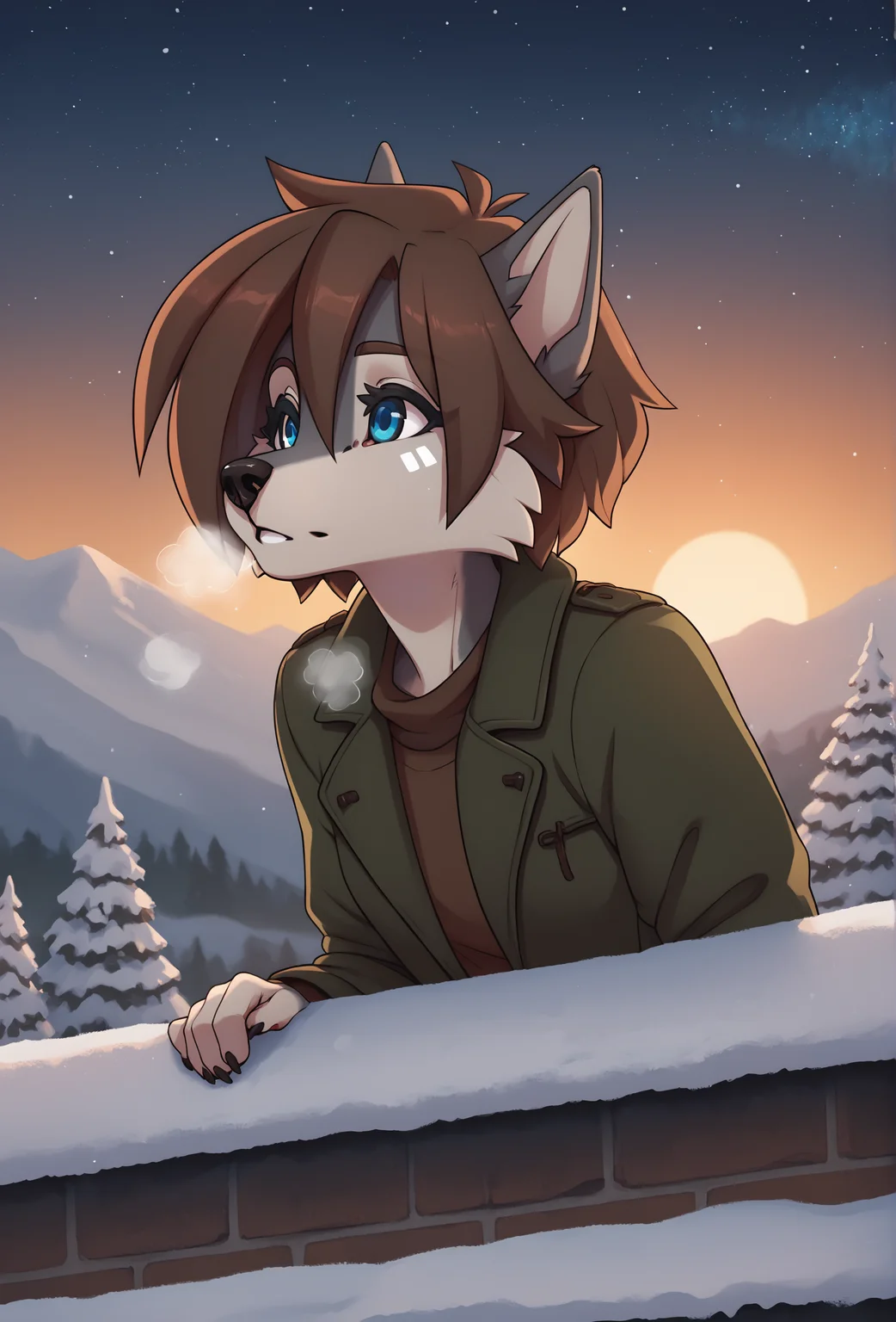 score_9, score_8_up, score_7_up, score_6_up, score_5_up, score_4_up, outdoors, evening, sunset, village, starry sky, lamppost, hanging plant, city, snow,
<lora:tala_fluffkevlar_ponyXL_v1.1:1> tala, furry, 1girl, solo, medium hair, blue eyes, green jacket, brown shirt, facial tattoo, portrait, parted lips, breath, grey fur