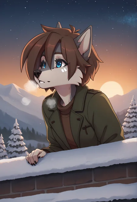 score_9, score_8_up, score_7_up, score_6_up, score_5_up, score_4_up, outdoors, evening, sunset, village, starry sky, lamppost, hanging plant, city, snow,
<lora:tala_fluffkevlar_ponyXL_v1.1:1> tala, furry, 1girl, solo, medium hair, blue eyes, green jacket, brown shirt, facial tattoo, portrait, parted lips, breath, grey fur