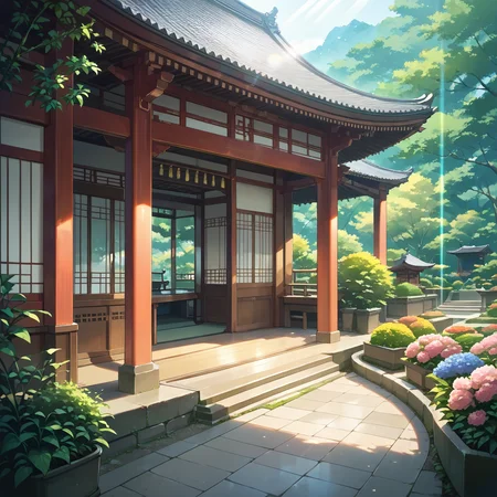 score_9, score_8_up, score_7_up,source_anime, <lora:Japanese_Garden:0.8> japgab, scenery, east asian architecture, garden, sunlight, lens flare, depth of field,