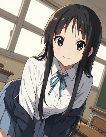 score_9, score_8_up, score_7_up, source_anime,
mioakiyama, <lora:mio-akiyama-s2-ponyxl-lora-nochekaiser:1>,
mio akiyama, long hair, bangs, black hair, black eyes, hime cut,
sakuragaoka high school uniform, school uniform, uniform, blazer, shirt, white shirt, collared shirt, skirt, pleated skirt,
indoors, classroom, bent over, smile,
looking at viewer, cowboy shot, dutch angle, solo,