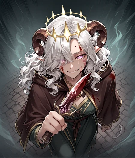 <lora:crown_of_madness:1>crown_of_madness, ruined crown, glowing black , fog with glowing eyes, from above , pained expression, slit pupils:1.3, solo, holding simple dagger, glowing, blood on dagger, hypnosis, evil smile, , looking at viewer, empty eyes, blood on clothes, dynamic pose, pov , injury male, hand up, light on crown, aura, tears, dynamic pose, blood on face,, masterpiece, tiefling, tail, anime, pointy ears, tiefling, silver hair, ivory sheep horn,
<lora:whisker_markings:0.8>red whisker_markings:1.7, silver long wavy hair, bell necklace, short pointy ears, purple eyes, tiefling_bard_diana:1.2, hair over one eye, braid, <lora:Tiefling_bard_Diana_ILXL:1> cloak,
cow tail:1.4,, <lora:anatomy_helper:0.3> <lora:illustrious_quality_modifiers_masterpieces_v1:1> masterpiece, very aesthetic, absurdres,