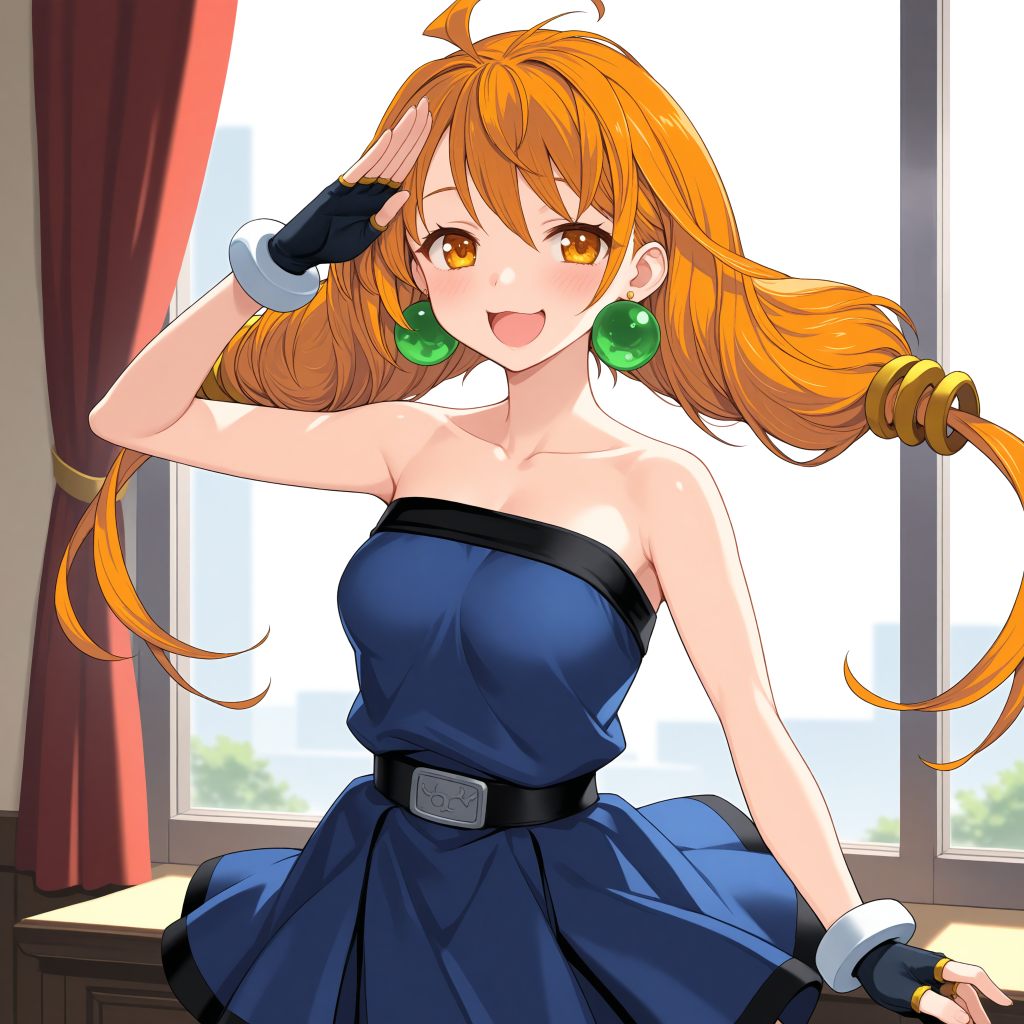 <lora:Athena2_1_nai-000046:1>,Athena2,twintails,earrings,jewelry,fingerless gloves,black gloves,
official outfit,strapless dress,blue dress,sleeveless dress,black belt,white bracelet,blue skirt,black skirt,bare shoulders,collarbone,
1girl,solo,indoors,window,curtains,front view,face_focus,salute,giggling,looking at viewer,