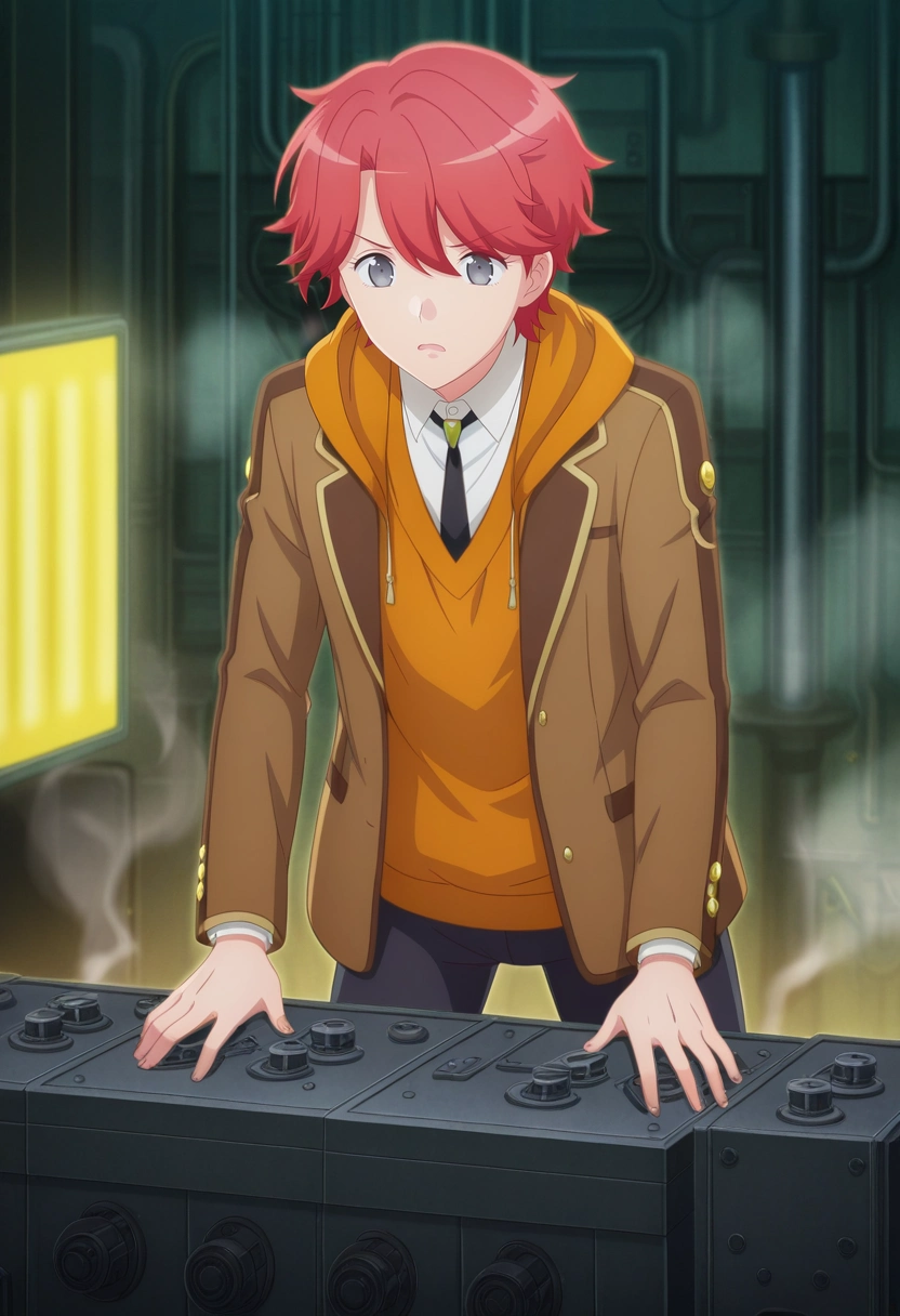 masterpiece, best quality, intricate details, anime screencap, , ,, 1boy, solo, male focus, <lora:sirius_dieke_ilxl:0.94>, sirius_dieke, red hair, grey eyes, short hair, brown jacket, black necktie, school uniform, white shirt, collared shirt, industrial revolution, smoky factories, iron machinery, bustling workers, laboring pose, focused expression, steam-powered glow, Athletic leggings, Caramel Harlequin Hoodie, , , andWaist chain