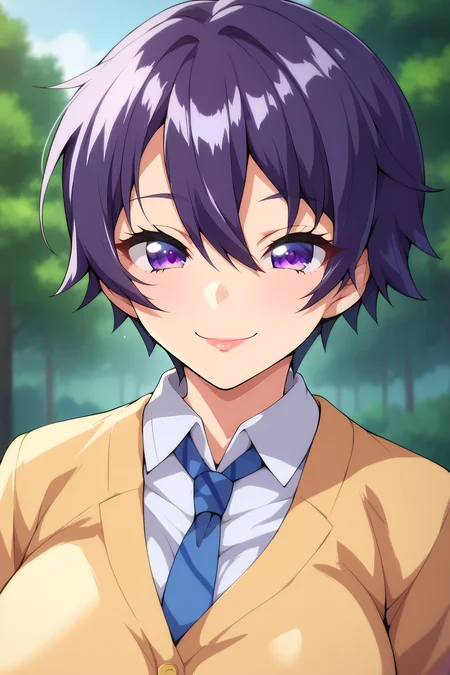 score_9, score_8_up, score_7_up, score_6_up, BREAK, MakotoHimemiyaMKNXL, purple eyes, purple hair, short hair, hair between eyes, large breasts, school uniform, yellow jacket, (closed jacket), blue necktie, white shirt, solo, (portrait, upper body), solo focus, seductive smile, looking at viewer, forest <lora:MakotoHimemiyaMKNXL:1>