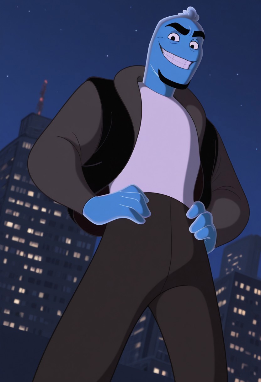 score_9, score_8_up, score_7_up, score_6_up, perfect anatomy, perfect proportions, best quality, masterpiece, high_resolution, high quality, best aesthetic, incredibly absurdres, highres, extremely detailed, huge filesize, solo male, adult, mature, masculine, manly, handsome, charming, alluring, standing, upper body, dutch angle, cowboy shot, perfect face,  source_cartoon \(Osmosis Jones\), cartoon coloring \(Osmosis Jones\),  Ozzy\(Osmosis Jones\), OJOzzy, short hair, translucent hair, black eyes, black eyebrows cytoplasm skin, blue skin, translucent skin, black facial hair, goatee, OJOzzy_outfit01, white undershirt, grayish-brown jacket, open jacket, dark gray pants, black shoes, look at viewer, grin, low angle, from below, cityscape,