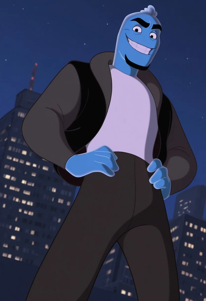 score_9, score_8_up, score_7_up, score_6_up, perfect anatomy, perfect proportions, best quality, masterpiece, high_resolution, high quality, best aesthetic, incredibly absurdres, highres, extremely detailed, huge filesize, solo male, adult, mature, masculine, manly, handsome, charming, alluring, standing, upper body, dutch angle, cowboy shot, perfect face, source_cartoon \(Osmosis Jones\), cartoon coloring \(Osmosis Jones\), Ozzy\(Osmosis Jones\), OJOzzy, short hair, translucent hair, black eyes, black eyebrows cytoplasm skin, blue skin, translucent skin, black facial hair, goatee, OJOzzy_outfit01, white undershirt, grayish-brown jacket, open jacket, dark gray pants, black shoes, look at viewer, grin, low angle, from below, cityscape,