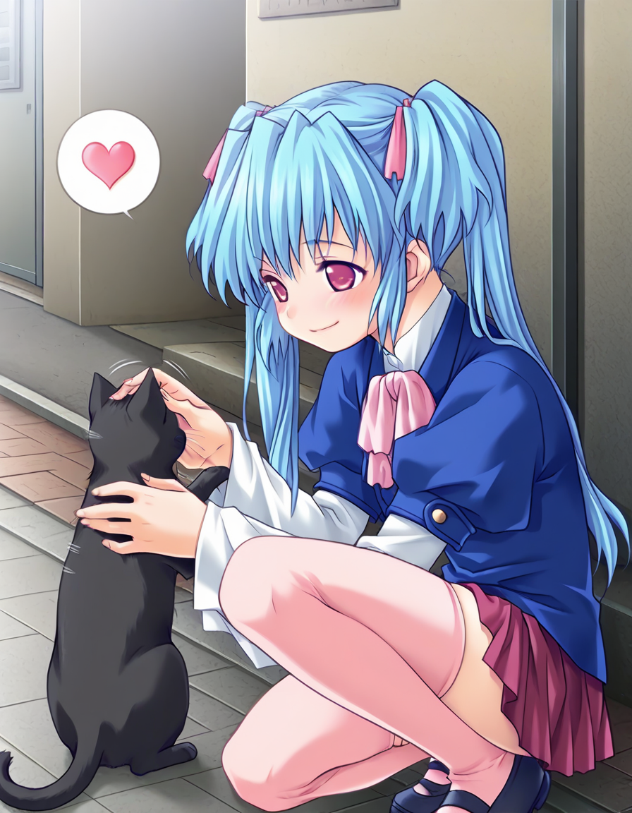 masterpiece, best quality, amazing quality, very aesthetic, official art, absurdres, ultra detailed, game cg, 
1girl, solo, kondou_yuria(innyuu), twintails, blue hair, long hair, hair ribbon BREAK 
blue school uniform, puffy detached sleeves, pink bow, red skirt, pink thighhighs, 
lovestruck, tender smile, blush, looking at cat, spoken heart, squatting, on one knee, Petting, sidewalk, motion lines, highly detailed <lora:kondou yuria v1.0-000018:1>