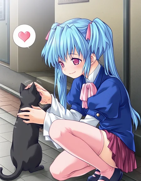 masterpiece, best quality, amazing quality, very aesthetic, official art, absurdres, ultra detailed, game cg,
1girl, solo, kondou_yuria(innyuu), twintails, blue hair, long hair, hair ribbon BREAK
blue school uniform, puffy detached sleeves, pink bow, red skirt, pink thighhighs,
lovestruck, tender smile, blush, looking at cat, spoken heart, squatting, on one knee, Petting, sidewalk, motion lines, highly detailed <lora:kondou yuria v1.0-000018:1>