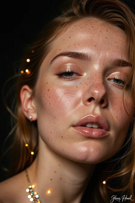 1girl, floating hair, portrait, earrings, parted lips, glowing, half-closed eyes, eyelashes, nose, black background, blurry, original, jewelry, signature, depth of field, upper body, freckles, <lora:dmd2_sdxl_4step_lora_fp16:1.0>, <lora:subtle-fluxstyle-xl2:0.5>
