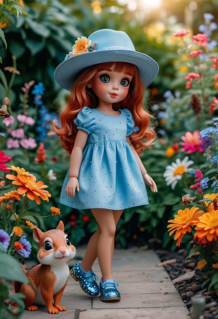 (medium full shot) of (adorable doll)  dressed in a sky blue mini dress, glitter shoes, cute freckles, stylish hat, posing for a photo, located in  a vibrant garden, with lively flowers, colorful plants, playful squirrels, cheerful bees, in the afternoon, ,Masterpiece,best quality, raw photo, realistic, very aesthetic