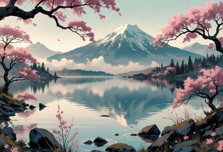 Mh1$AgThS2, intricate linework with expressive contrasts, soft lighting with dynamic highlights, a tranquil large lake in the uplands, sakura trees, blossom, mist, dawn, reflection, with mount fuji in the distance, no humans, In the style of ff-td