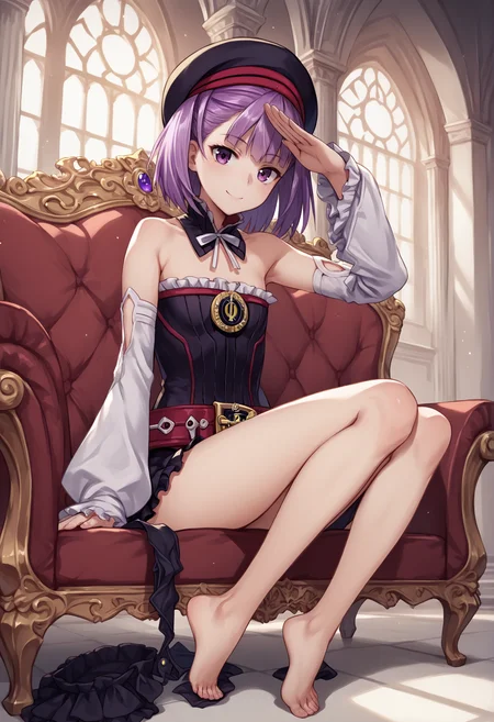 1girl, purple hair, short hair, purple eyes, black dress, strapless, beret, belt, detached sleeves, white sleeves, frills, unworn black thighhighs, unworn black boots, unworn footwear, unworn legwear, bare legs, barefoot, looking at viewer, smile, sitting, couch, indoors, mansion, salute <lora:Helena_XL:1>, score_9, score_8_up, score_7_up, score_6_up, score_5_up, score_4_up, BREAK source_anime, masterpiece