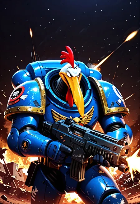 Masterpiece, absurdres, best quality, 1boy, solo, ch1ken, chicken, long beak, cartoon, space marine, power armor, firing gun, heavy bolter, battlefield background, closeup, UltraM40k, no helmet,