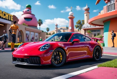 Porsche 911 GTS parked in the middle of a Fortnite map, surrounded by cartoonish characters and colorful structures, ultra-realistic, surreal juxtaposition, vibrant colors
, detailmaximizer